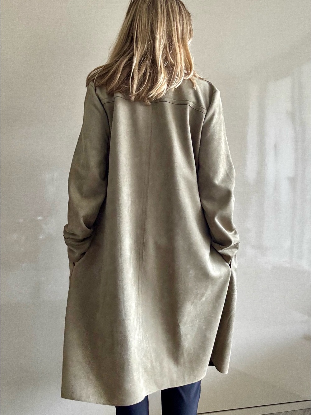 Zara. XL. Olive Long Faux-Suede Coat - Women